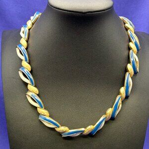 VTG Trifari Matte Gold-Tone, Blue & White Enamel Choker Necklace